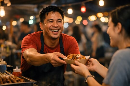 A cheerful Filipino street vendor laughing brightly while serving food to a happy customer at night market