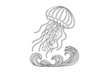 Oceanic Jellyfish Floating Above Stylized Sea Waves Line Art Sketch