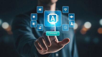 A futuristic interface with a microchip and icons floating above a person's hand