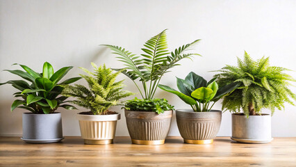 Fototapeta premium Variety of houseplants in decorative pots on wooden table against white wall