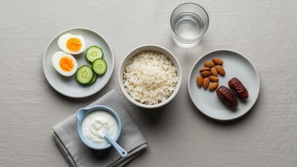 Wholesome and Balanced Meal: An overhead shot showcases a healthy and balanced meal. The composition includes boiled egg, cucumber, rice, nuts, dates, plain yogurt, and a glass of water.