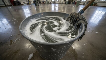 Bucket of swirling soapy water with a mop on a polished industrial warehouse floor