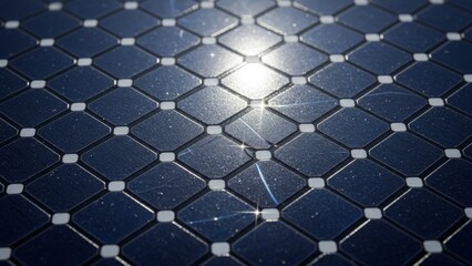 Solar panel cells close up reflecting bright sunlight on a modern photovoltaic module for renewable energy.