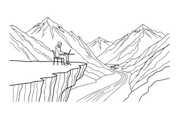 Fototapeta premium Digital nomad working on laptop at mountain cliff line art