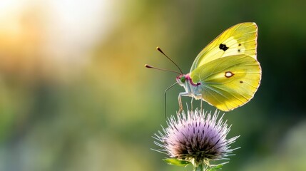 Obraz premium Common brimstone butterfly perched on thistle blooms in golden sunlight