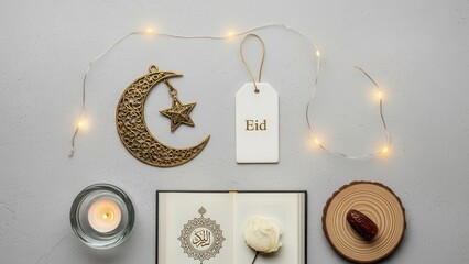 Eid Celebration: An artistic flat lay arrangement that showcases a golden crescent moon and star ornament, illuminated by fairy lights, accompanying a tag that reads Eid.