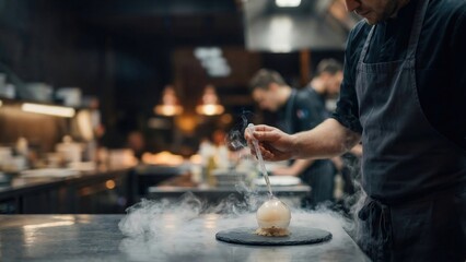 Male chef creating molecular cuisine dessert with dry ice smoke. Innovative cooking technique for fine dining restaurant dinner