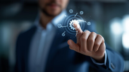 Faceless businessman showing business process workflow virtual flowchart planning setting corporate growth goals business process optimization success strategy steps business