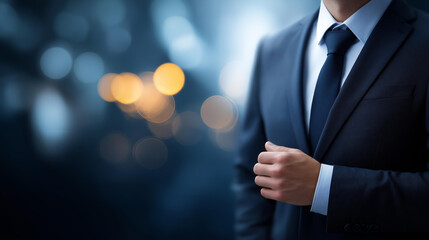 Compliance theme with faceless businessman on blurred abstract background regulatory adherence legal standards corporate governance business policy management with copy space