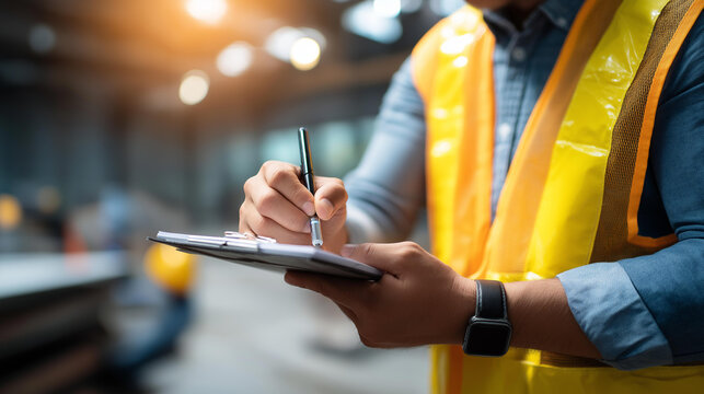 Action faceless safety officer writing on safety checklist document during safety audit inspection factory workshop blurred background industrial expertise occupation