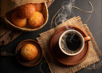 Colombian bu&ntilde;uelo and coffee against a rustic, dark background. Warm, low-key lighting illuminates the golden crust and creates a cozy atmosphere reminiscent of a traditional Latin American breakfast.
