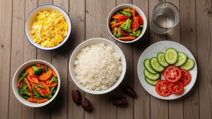 Balanced Meal: An inviting overhead shot captures a vibrant assortment of fresh ingredients, including a bowl of fluffy rice, scrambled eggs, sliced cucumbers, tomatoes, assorted vegetables.