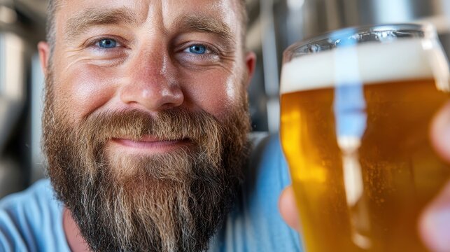 Bearded brewery master examines craft beer in family-owned brewery