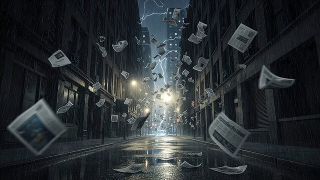 Street chaos in the style of conceptual dynamism, steel-gray tones with a flash of magnesium, a metaphor for the collapse of traditional media and the virality of emergency notifications