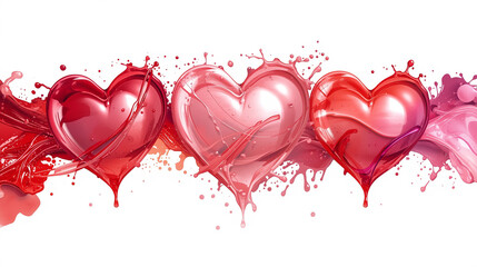 Three vibrant red and pink liquid hearts with dynamic splashes. Abstract love concept illustration on a white background.