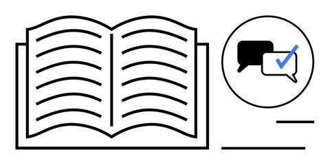 Open book with visible pages alongside speech bubbles containing a blue checkmark, symbolizing verified communication, knowledge sharing, online learning, educational discussion. Ideal for education