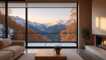 Luxurious chalet living room with a fireplace and scenic view of snow-capped mountains.