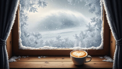 A hot latte by a snow-covered window creates an atmosphere of homely comfort and winter tranquility, warm tones, lifestyle style, morning coffee