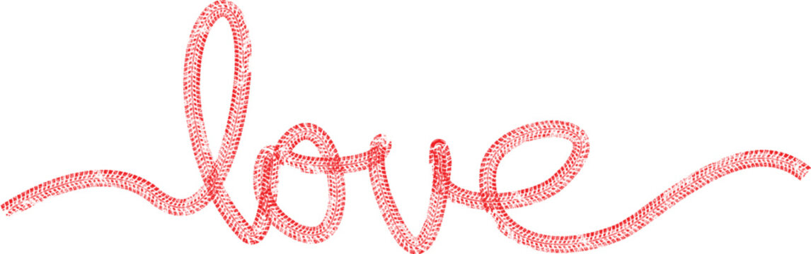 Tire tracks in heart form. One line love heart .Car thread silhouette. Vector illustration.