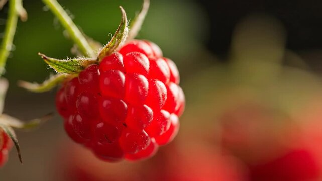 Close-up of a ripe and juicy raspberry with leaves and stem.