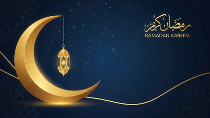 Golden Crescent Moon: An artistic golden crescent moon and lantern shine brightly against a deep blue sky. A simple design, it's perfect for conveying a sense of spirituality and warmth.