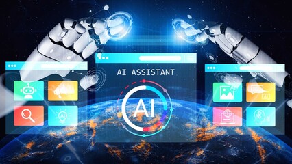 Futuristic Concept of AI Assistant with Robotic Hands Interfacing with Data and Information in a Technology-Driven World Gluon.
