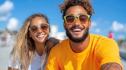 Skateboarding couple enjoying a sunny day on a scenic bridge