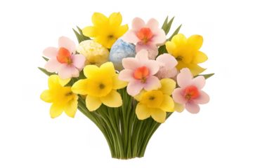 Easter daffodils and narcissus bouquet with painted eggs
