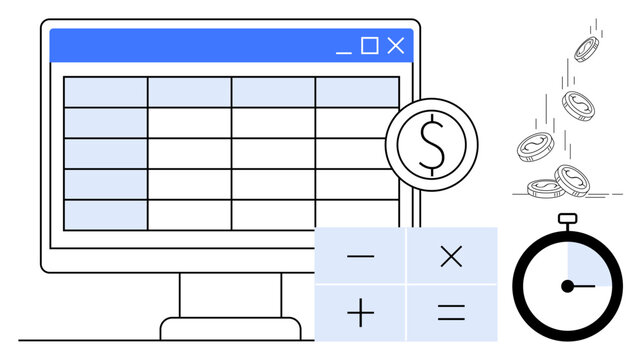 Budget planning, financial analysis, productivity tools, time management, currency calculation, business software. Computer screen with spreadsheet, calculator stopwatch coins. Financial analysis - Powered by Adobe