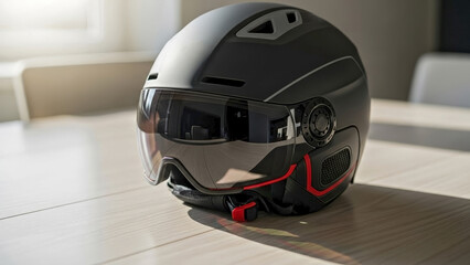 Fototapeta premium Modern dark ski helmet with tinted visor on light wooden table, protective equipment features adjustable vents and safety straps for winter sports.