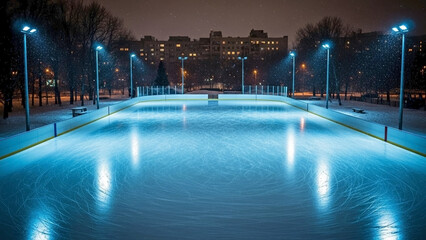 Empty outdoor skating rink illuminated by bright blue skating rink floodlights at night, reflecting on smooth ice. Winter scene features pristine ice surface under powerful skating rink floodlights.