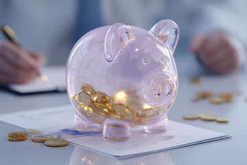 Saving money in a clear piggy bank on a desk