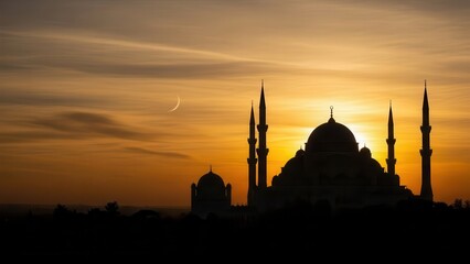 Golden Hour Mosque Silhouette: Against a serene sunset canvas, the majestic silhouette of a grand mosque stands, embodying a moment of tranquil reflection and spiritual reverence.