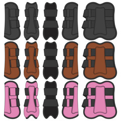 Set of color illustrations of horse boots, leg protection. Isolated vector objects on white background.