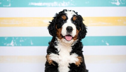 Portrait of a fluffy puppy with black, brown, and white fur against striped backdrop