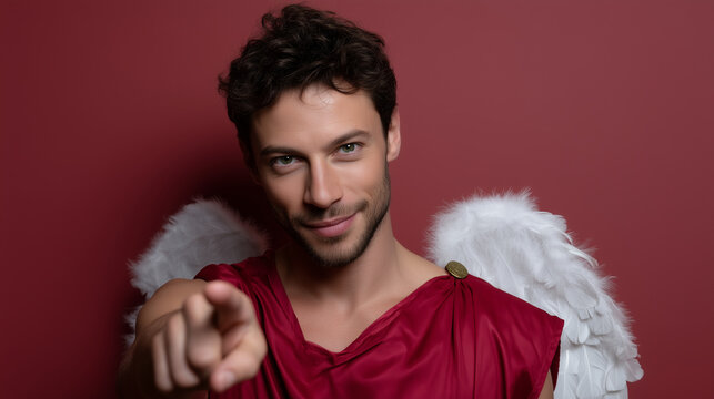 High-end studio portrait of a handsome young adult man dressed as Cupid, isolated on a clean seamless deep red background. The man has curly brown hair, neat short beard and mustac