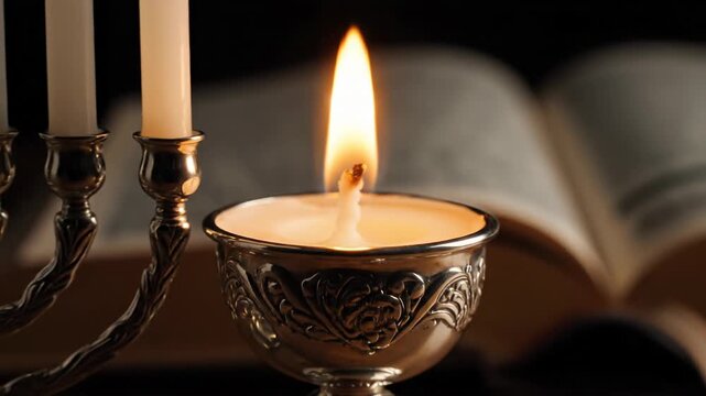 Close-up of a match lighting a candle in a menorah with an open book in the background
