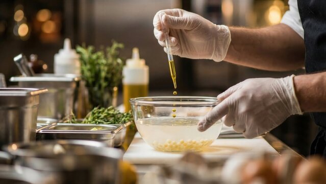 Chef preparing molecular gastronomy dish. Man with gloved hands doing spherification technique. Spherification process of molecular cuisine
