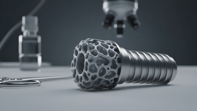 Close-up of 3D printed titanium implant with microscope