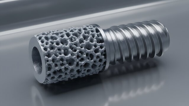 Close-up of advanced 3D printed titanium implant with porous surface