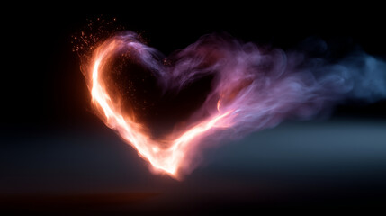 A dramatic glowing heart symbol formed by swirling flames and luminous smoke, fiery energy trail creating a heart outline, vibrant neon colors blending hot orange, red, violet and