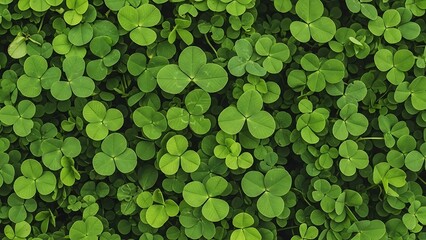 Fresh green ivy and clover foliage create a lush garden texture with lucky shamrock leaves in a vibrant spring nature field