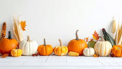 A row of colorful pumpkins with fall foliage against a white backdrop