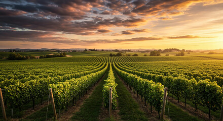 Naklejka premium Vibrant vineyard at sunset with dramatic sky.