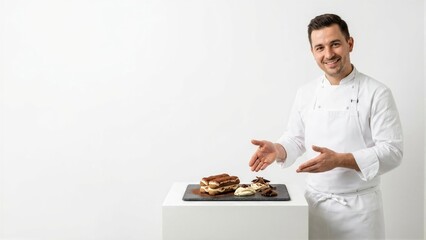 Male chef presenting molecular tiramisu dessert on slate plate. Modern professional cook advertising creative cuisine food