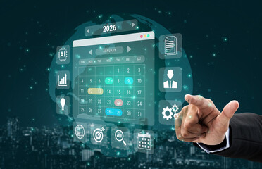2026 calendar interface surrounded by AI, data, and business icons representing scheduling,...