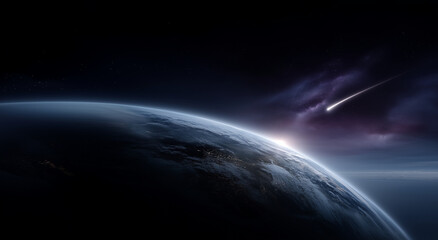 Cinematic outer space scene with planet Earth floating in deep space, visible continents and cloud formations, a bright comet / meteor streak passing near Earth with a glowing tail