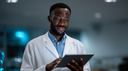 Futuristic technology scene in a modern lab: young male scientist or engineer wearing a white lab coat using a tablet, interacting with a glowing holographic interface of connected