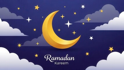 Ramadan Kareem: A serene illustration of a crescent moon amidst a night sky filled with stars and clouds. conveying a message of peace and spirituality.
