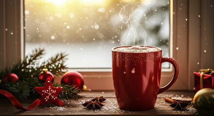 Cozy Christmas hot chocolate by the window.
